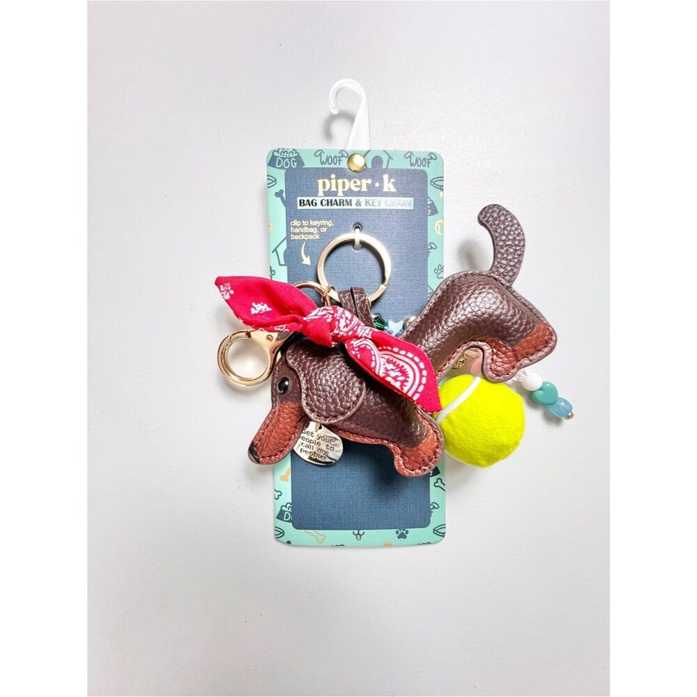 NWT Piper K Dachshund Bag Charm Key Chain Weiner Dog Tennis Ball Sparkling Bone